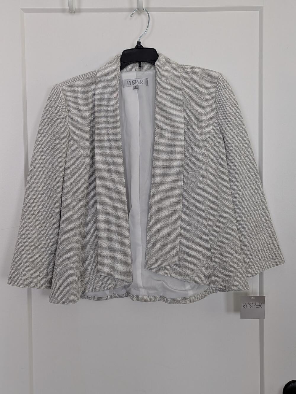 Kasper Tweed Blazer Jacket Womens Size 8 NWT Open Front Shawl Collar Ivory Black